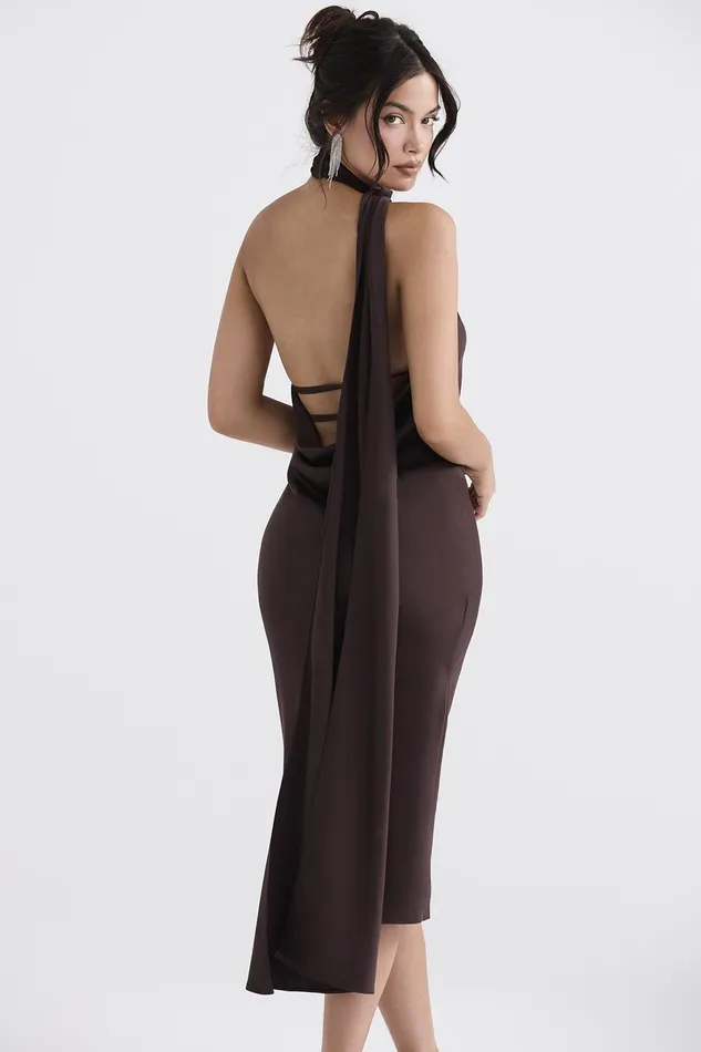 House Of CB AngelinaChocolate Wrap Neck Midi Dress 8211 SALE Chocolate Women Midi Dresses