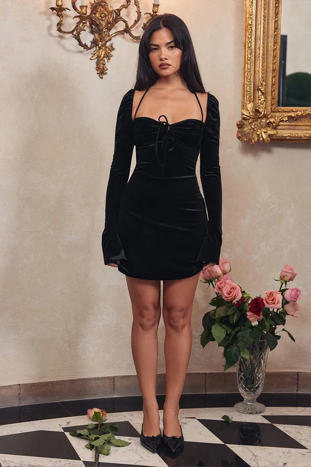 House Of CB BabydollBlack Velvet Halter Mini Dress 8211 SALE Black Women Mini Dresses