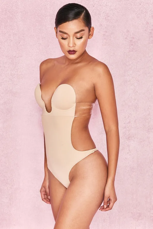 House Of CB Beige Plunge Self Adhesive Backless Bodysuit Women