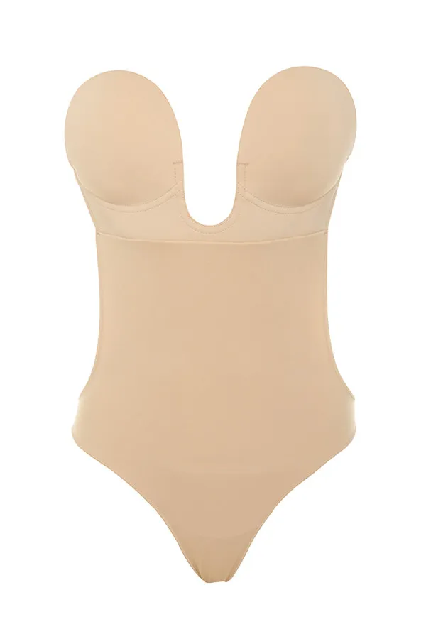 House Of CB Beige Plunge Self Adhesive Backless Bodysuit Women