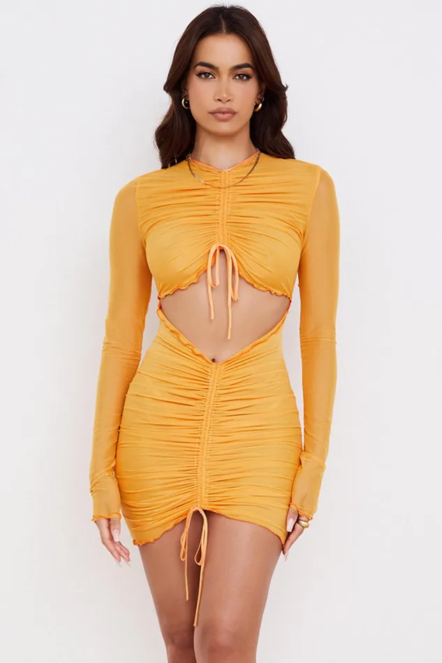 House Of CB JeanelleOrange Ruched Mesh Long Sleeve Cutout Mini Dress 8211 SALE Orange Women Bodycon Dresses House Of CB JeanelleOrange Ruched Mesh Long Sleeve Cutout Mini Dress 8211 SALE Orange Women Bodycon Dresses
