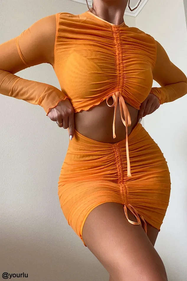 House Of CB JeanelleOrange Ruched Mesh Long Sleeve Cutout Mini Dress 8211 SALE Orange Women Bodycon Dresses