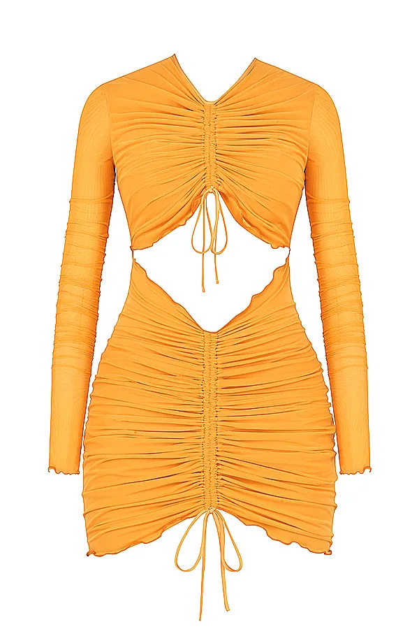House Of CB JeanelleOrange Ruched Mesh Long Sleeve Cutout Mini Dress 8211 SALE Orange Women Bodycon Dresses