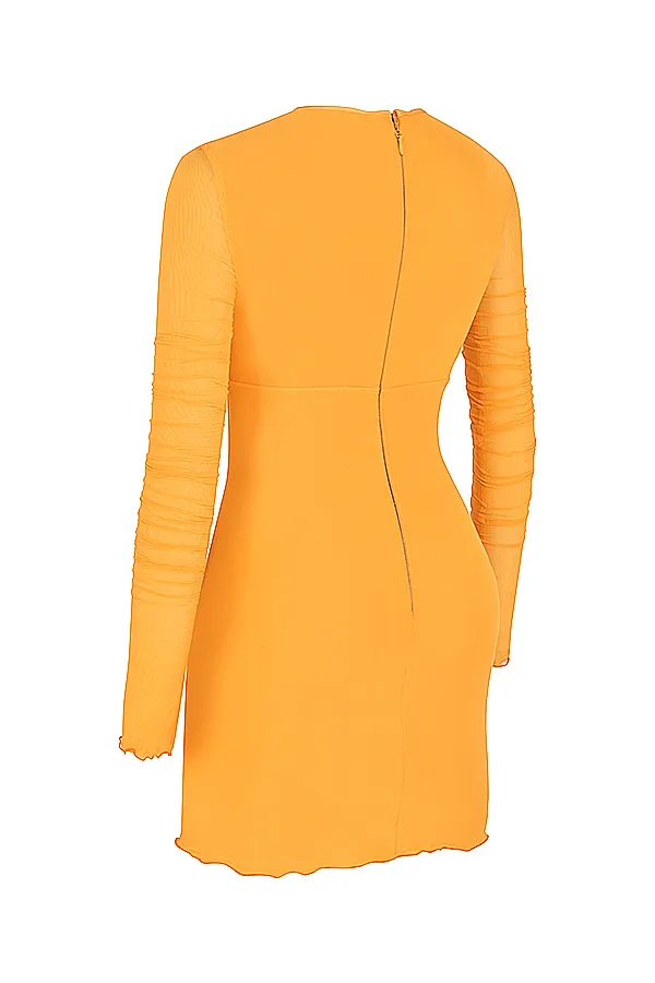 House Of CB JeanelleOrange Ruched Mesh Long Sleeve Cutout Mini Dress 8211 SALE Orange Women Bodycon Dresses