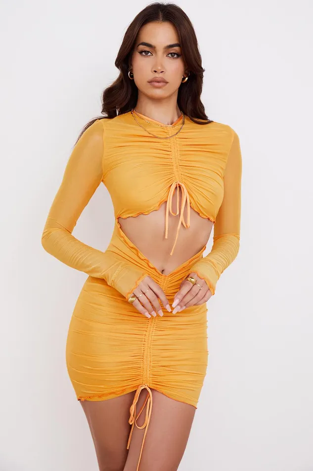 House Of CB JeanelleOrange Ruched Mesh Long Sleeve Cutout Mini Dress 8211 SALE Orange Women Bodycon Dresses