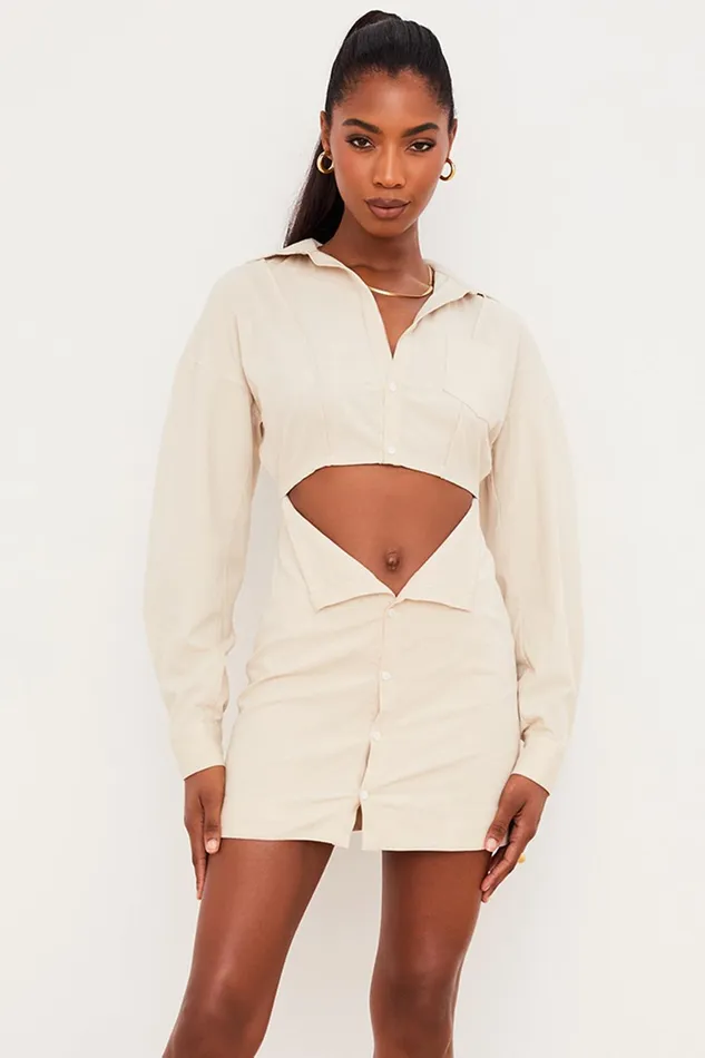 House Of CB JuliettaBeige Linen Cutout Shirt Dress 8211 SALE Beige Women Mini Dresses