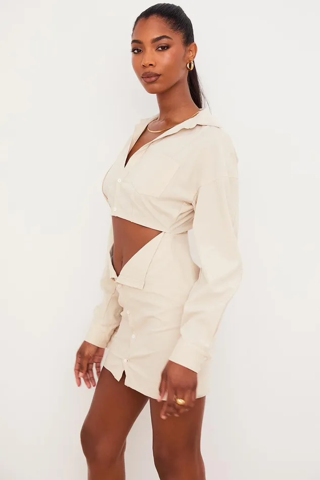 House Of CB JuliettaBeige Linen Cutout Shirt Dress 8211 SALE Beige Women Mini Dresses
