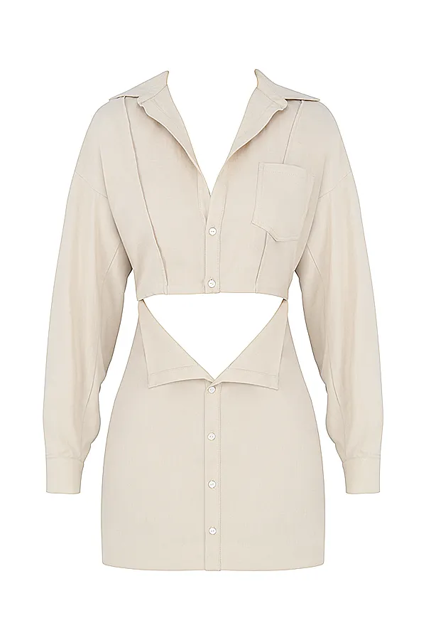 House Of CB JuliettaBeige Linen Cutout Shirt Dress 8211 SALE Beige Women Mini Dresses