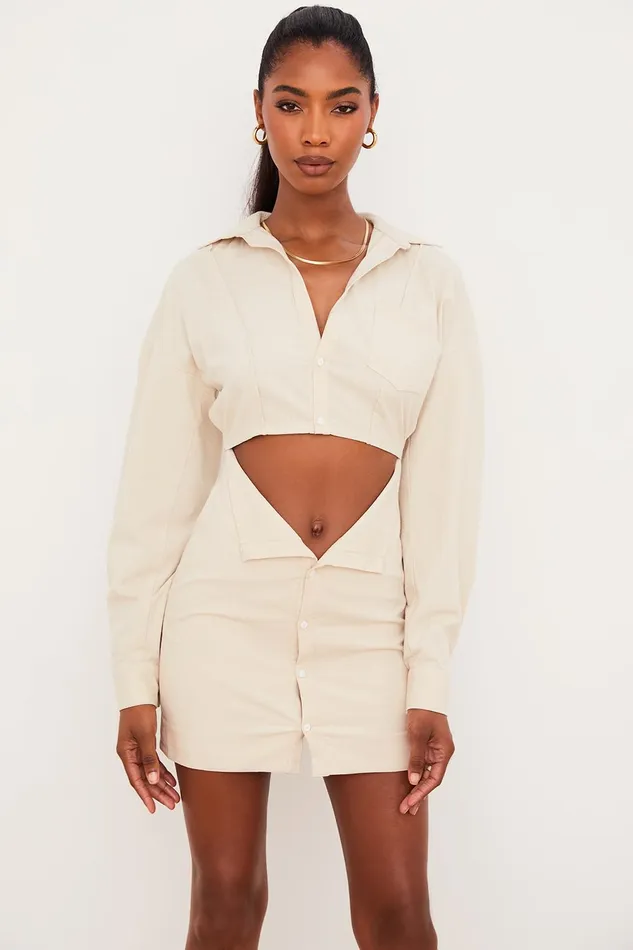 House Of CB JuliettaBeige Linen Cutout Shirt Dress 8211 SALE Beige Women Mini Dresses