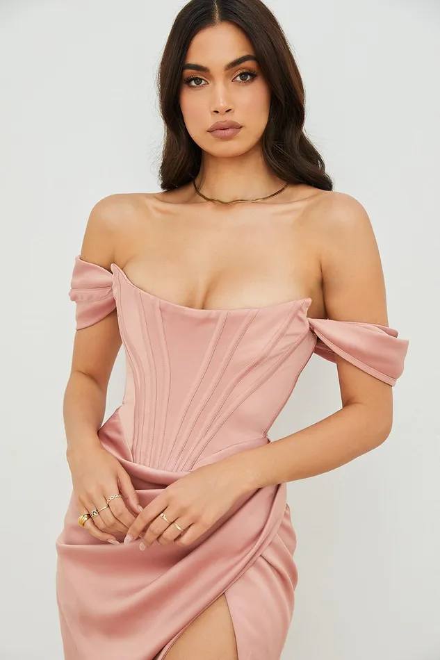 House Of CB LorettaBlush Satin Off Shoulder Dress 8211 SALE Blush Women Strapless Dresses