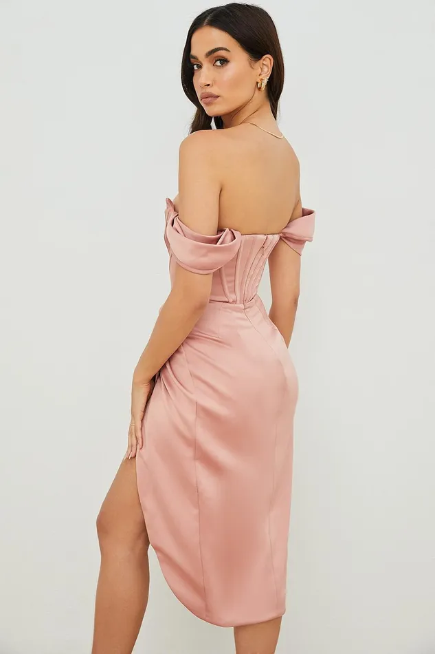 House Of CB LorettaBlush Satin Off Shoulder Dress 8211 SALE Blush Women Strapless Dresses