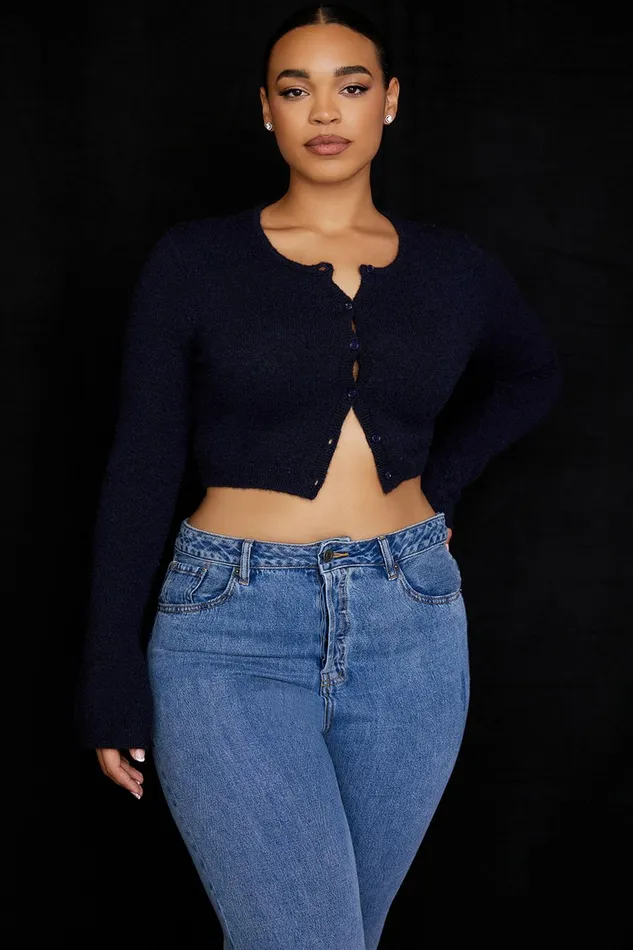 House Of CB LulieNavy Fluffy Knit Cropped Cardigan 8211 SALE Navy Women Tops