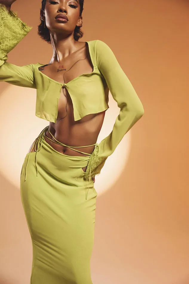 House Of CB MadelineLime Green Georgette Maxi Skirt 8211 SALE Lime Women Skirts