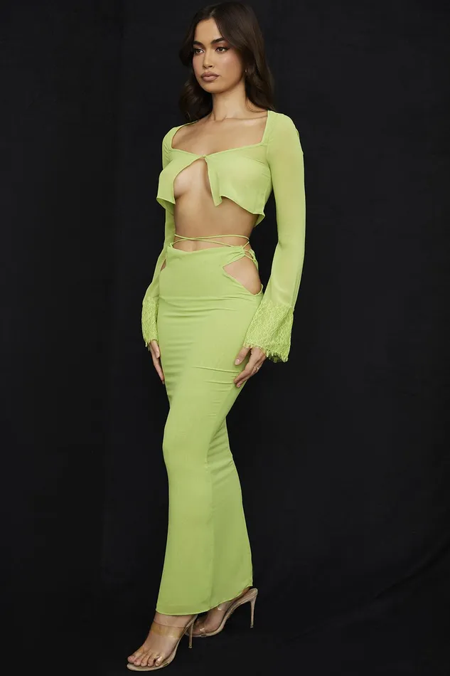 House Of CB MadelineLime Green Georgette Maxi Skirt 8211 SALE Lime Women Skirts