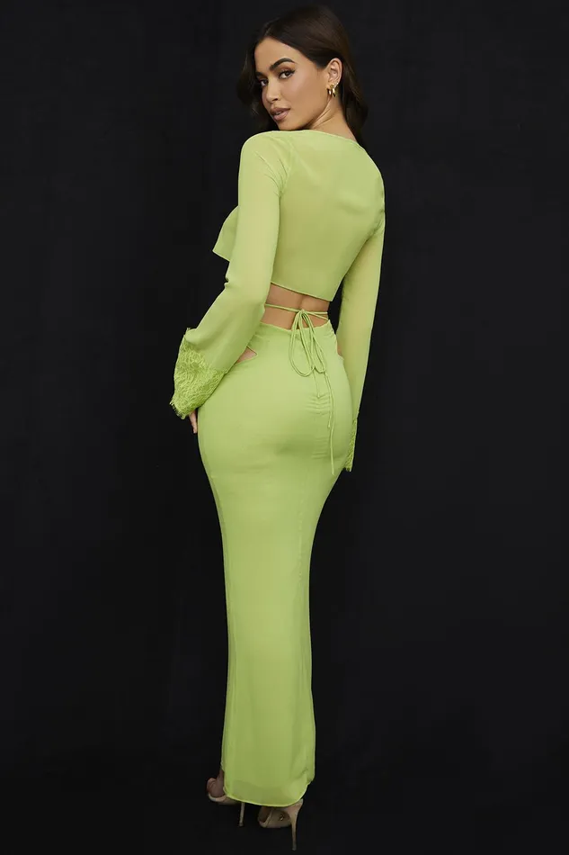 House Of CB MadelineLime Green Georgette Maxi Skirt 8211 SALE Lime Women Skirts