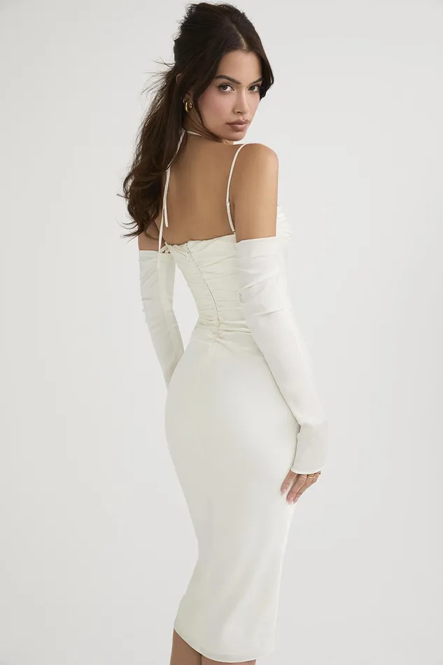 House Of CB NanoushkaIvory Satin Midi Dress 8211 SALE Ivory Women Bodycon Dresses