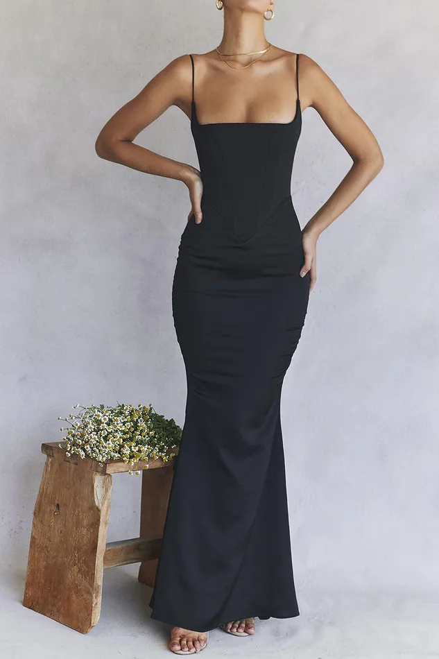 House Of CB OlivetteBlack Satin Corset Maxi Dress Black Women Bodycon Dresses