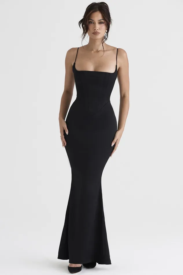 House Of CB OlivetteBlack Satin Corset Maxi Dress Black Women Bodycon Dresses