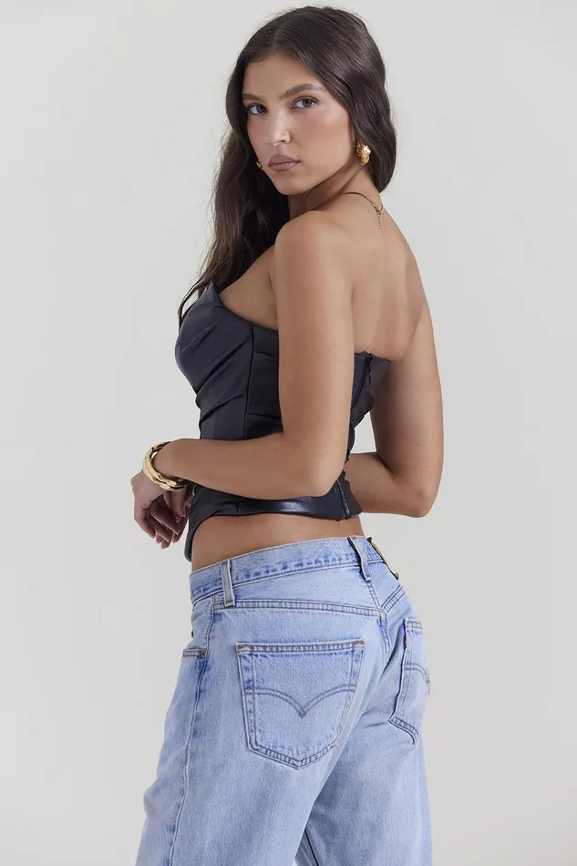 House Of CB SaffiraBlack Plunge Vegan Leather Corset Black Women Tops