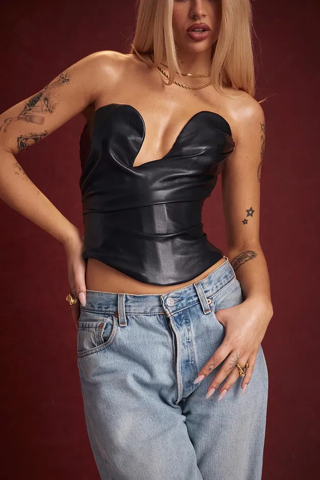House Of CB SaffiraBlack Plunge Vegan Leather Corset Black Women Tops