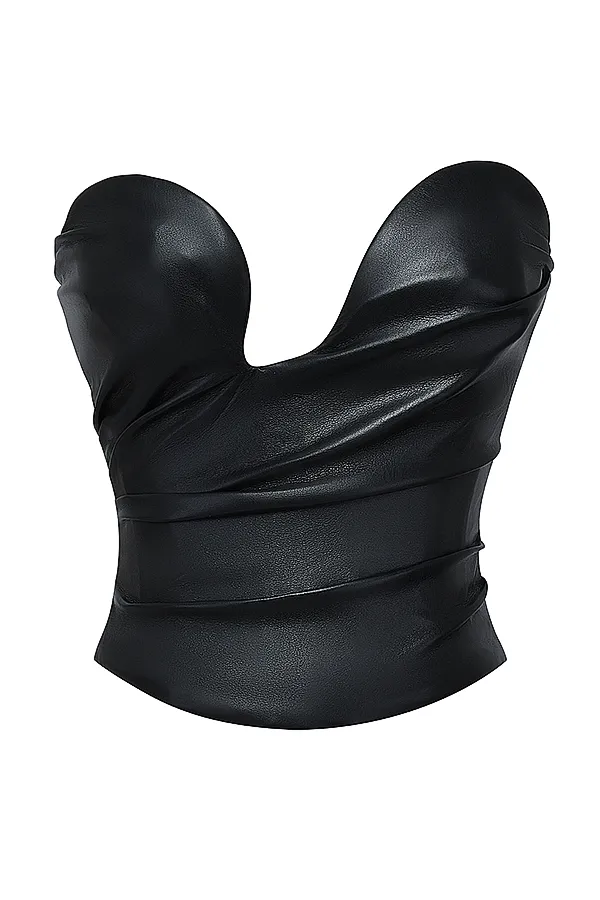House Of CB SaffiraBlack Plunge Vegan Leather Corset Black Women Tops