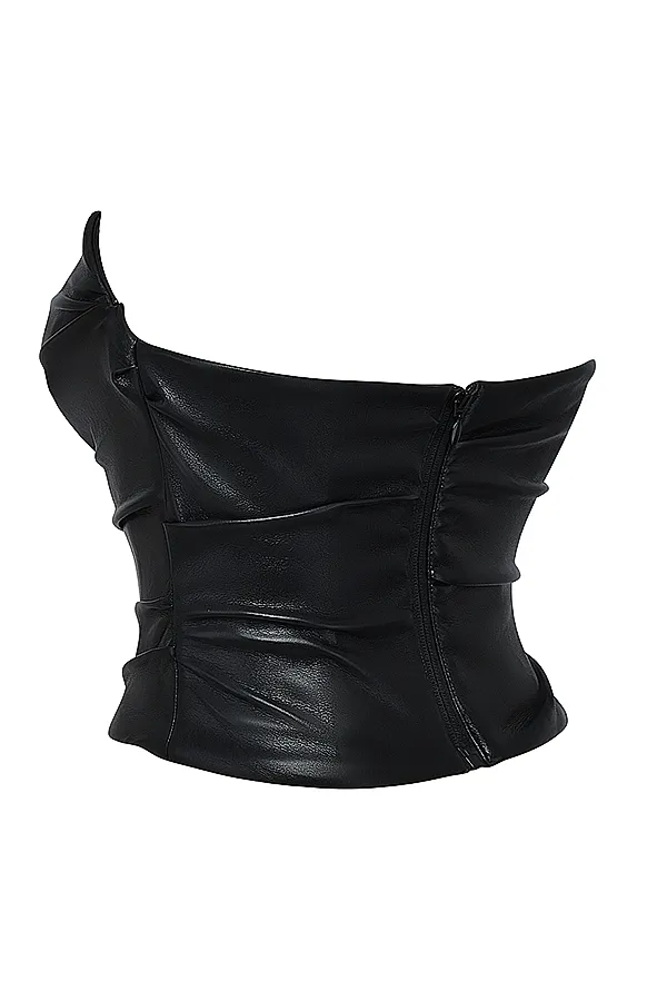 House Of CB SaffiraBlack Plunge Vegan Leather Corset Black Women Tops