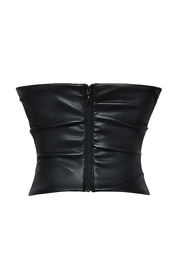 House Of CB SaffiraBlack Plunge Vegan Leather Corset Black Women Tops