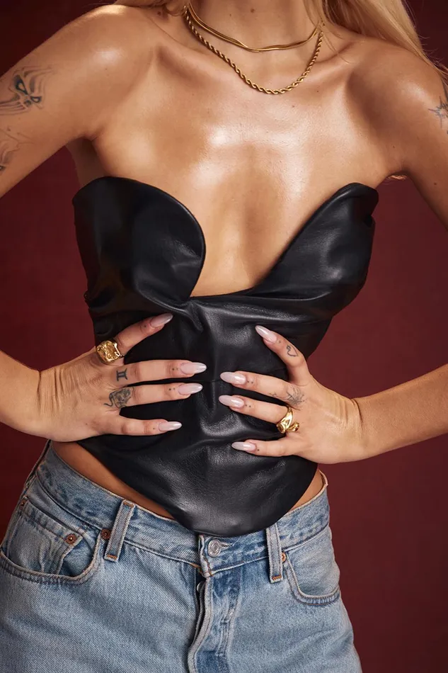 House Of CB SaffiraBlack Plunge Vegan Leather Corset Black Women Tops
