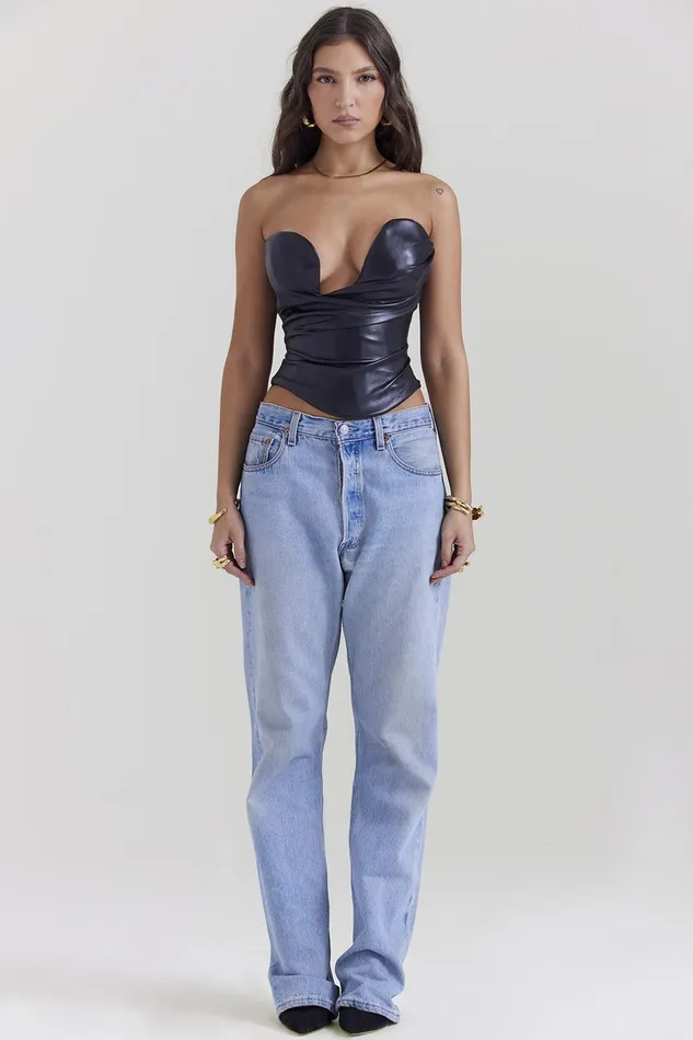 House Of CB SaffiraBlack Plunge Vegan Leather Corset Black Women Tops