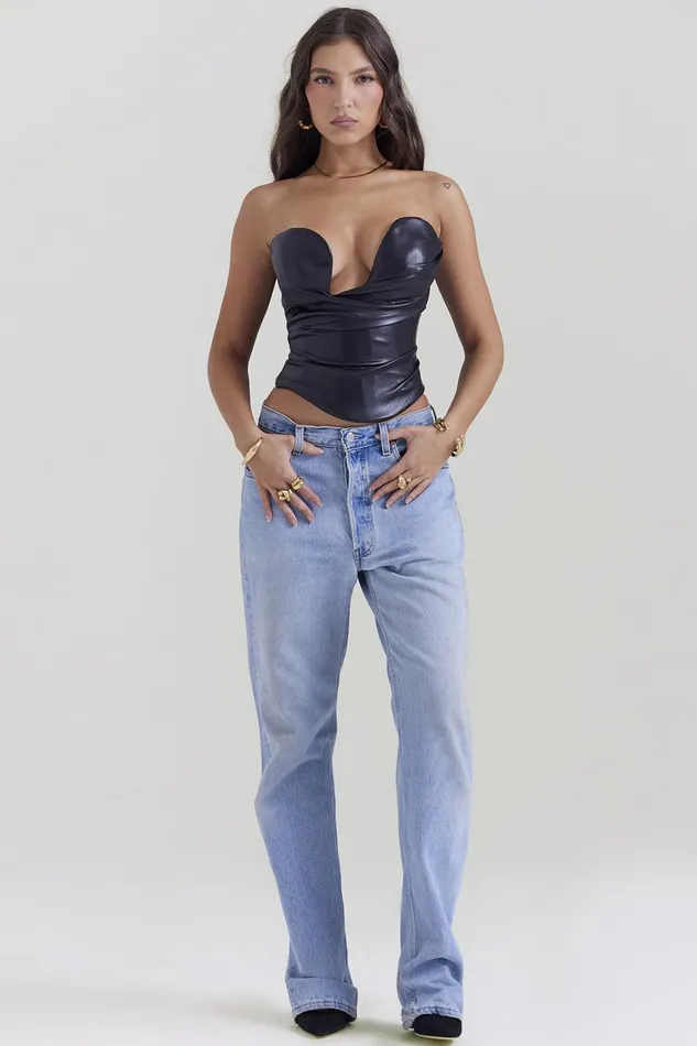House Of CB SaffiraBlack Plunge Vegan Leather Corset Black Women Tops