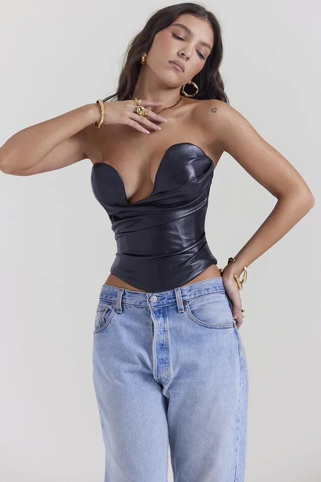 House Of CB SaffiraBlack Plunge Vegan Leather Corset Black Women Tops