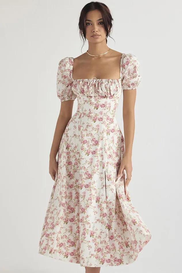 House Of CB TallulahRose Print Puff Sleeve Midi Sundress Rose Women Corset Dresses