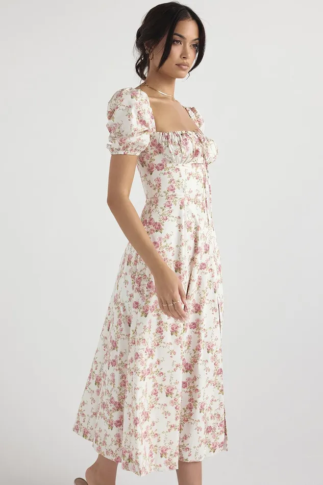 House Of CB TallulahRose Print Puff Sleeve Midi Sundress Rose Women Corset Dresses