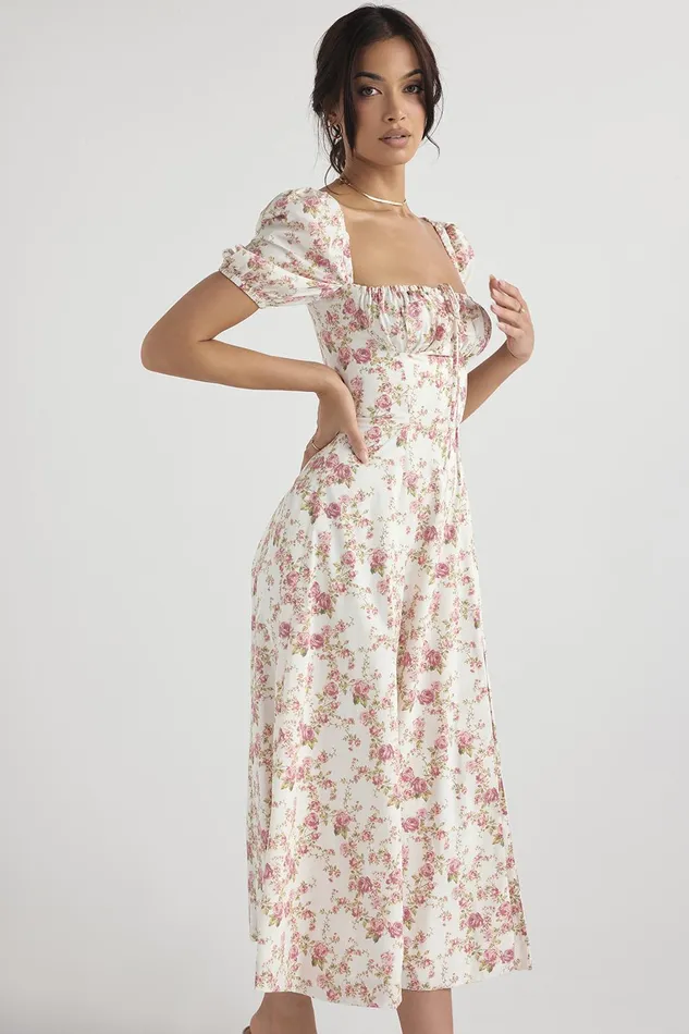 House Of CB TallulahRose Print Puff Sleeve Midi Sundress Rose Women Corset Dresses