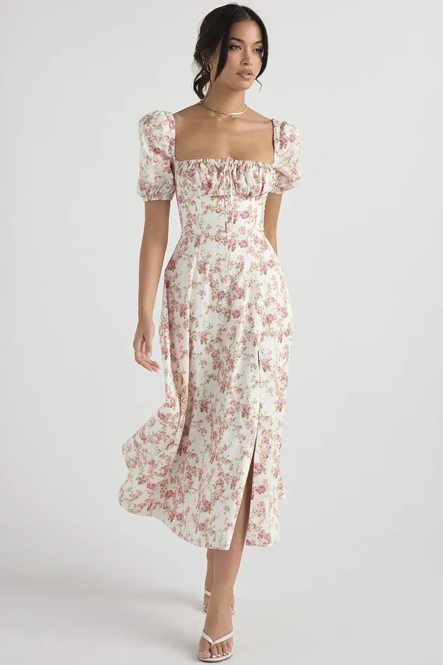 House Of CB TallulahRose Print Puff Sleeve Midi Sundress Rose Women Corset Dresses