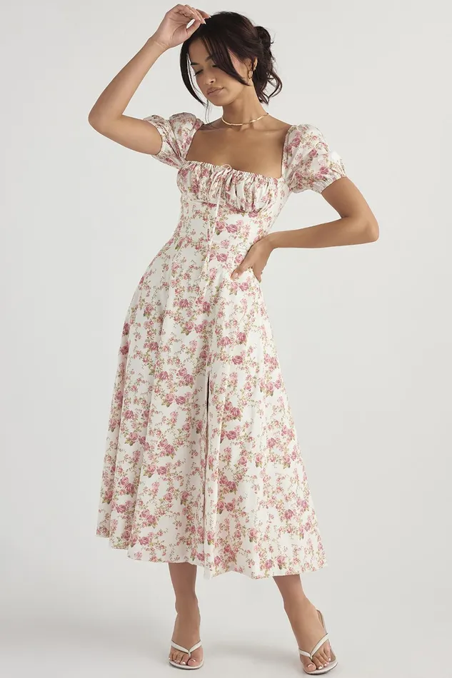 House Of CB TallulahRose Print Puff Sleeve Midi Sundress Rose Women Corset Dresses