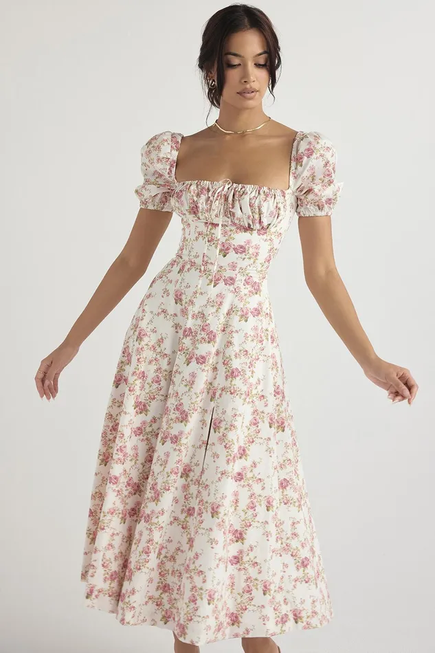 House Of CB TallulahRose Print Puff Sleeve Midi Sundress Rose Women Corset Dresses