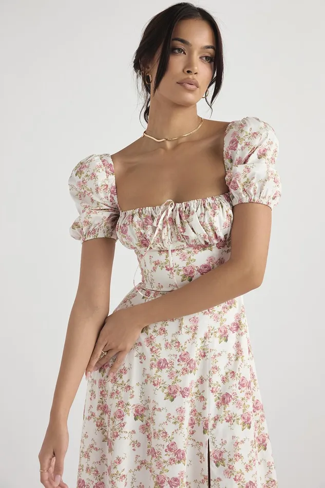 House Of CB TallulahRose Print Puff Sleeve Midi Sundress Rose Women Corset Dresses