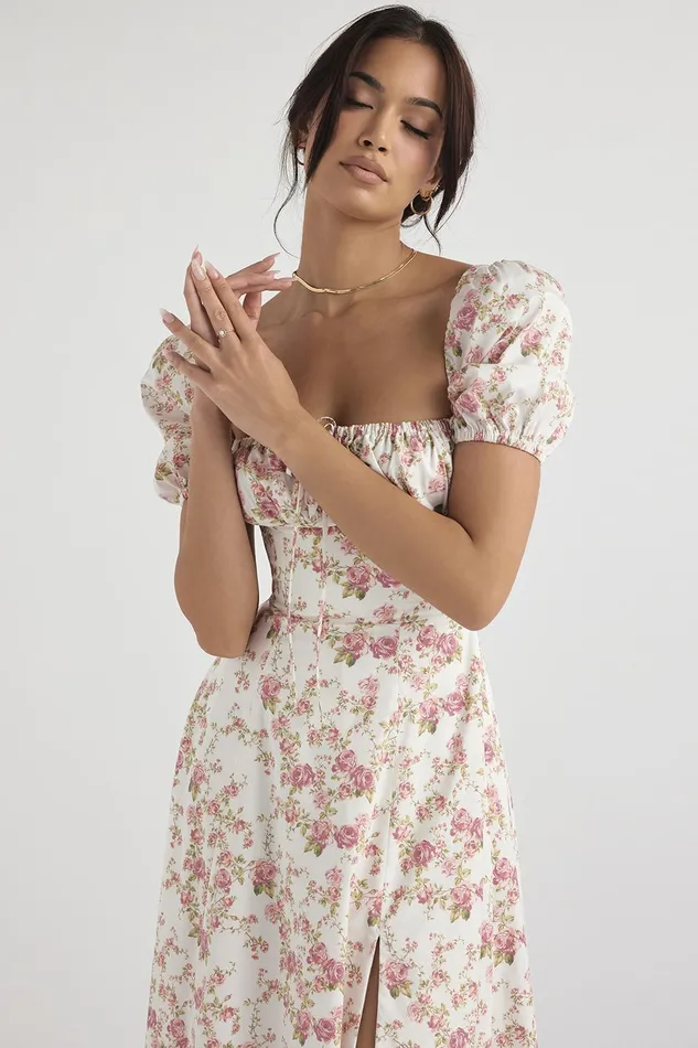House Of CB TallulahRose Print Puff Sleeve Midi Sundress Rose Women Corset Dresses