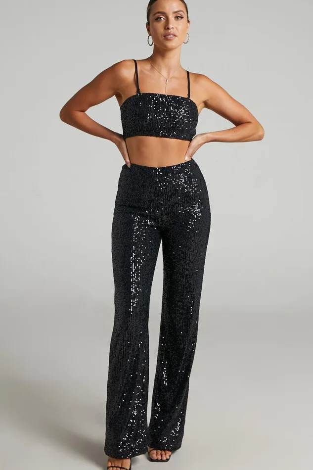 Imogen Two Piece Set 8211 Bandeau Top And Straight Pants Set In Black Sequin Women Showpo Curve Clothes