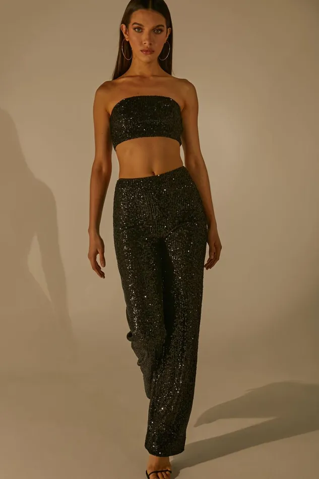 Imogen Two Piece Set 8211 Bandeau Top And Straight Pants Set In Black Sequin Women Showpo Curve Clothes