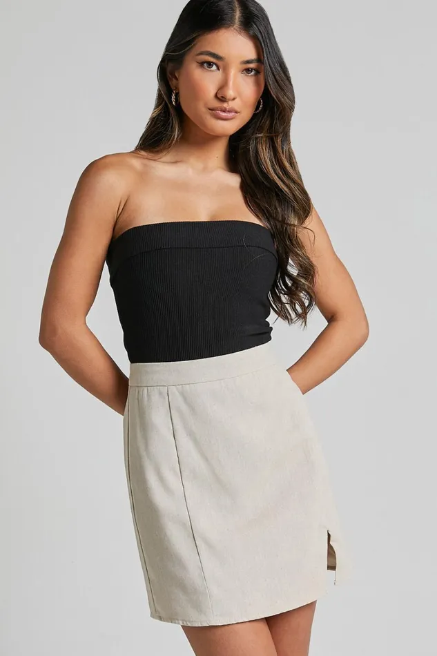 International Babe Mini Skirt 8211 Linen Look Side Split Skirt In Oat Women Showpo Curve Clothes