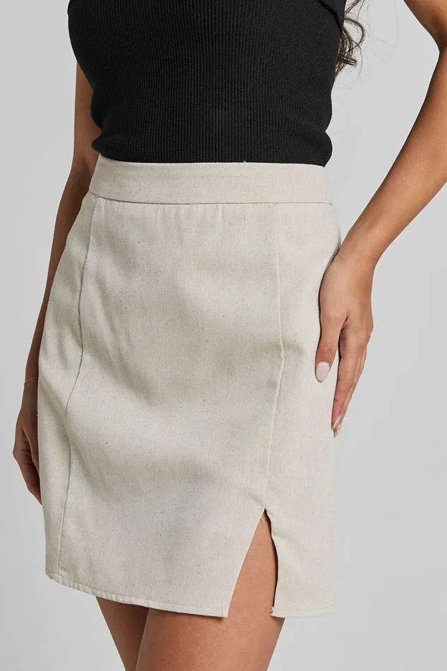 International Babe Mini Skirt 8211 Linen Look Side Split Skirt In Oat Women Showpo Curve Clothes