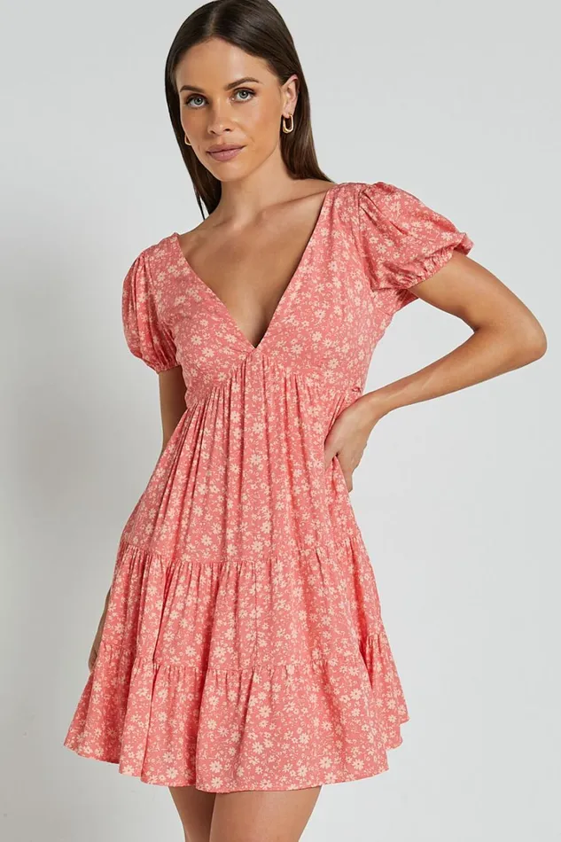 Isla Mini Dress 8211 V Neck Tiered Dress In Coral Floral Women Showpo Dresses