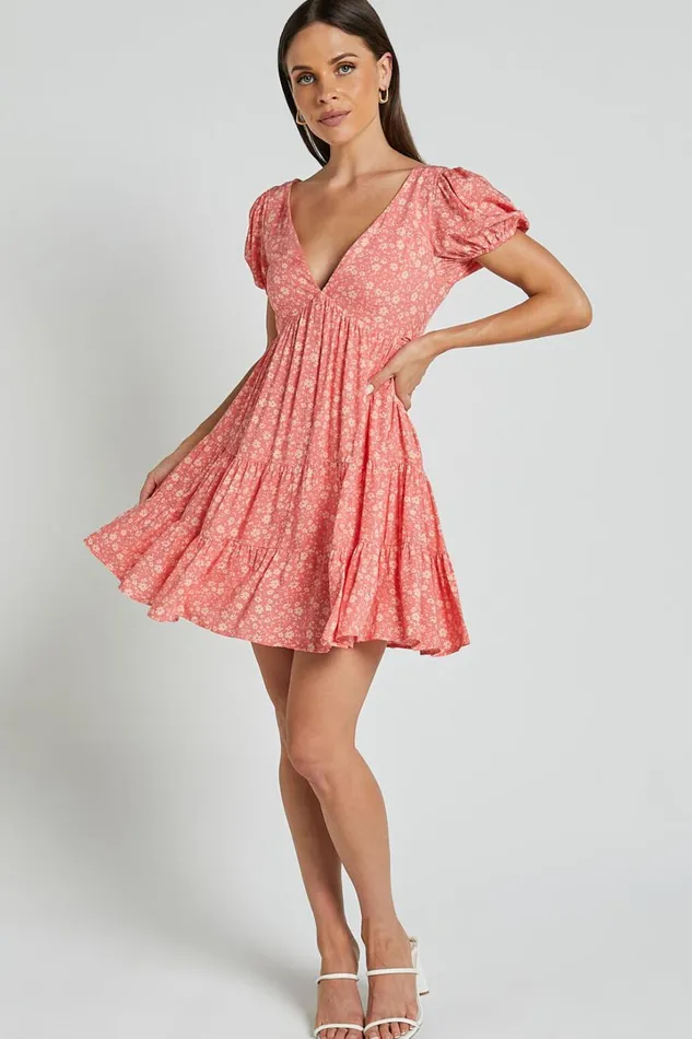 Isla Mini Dress 8211 V Neck Tiered Dress In Coral Floral Women Showpo Dresses