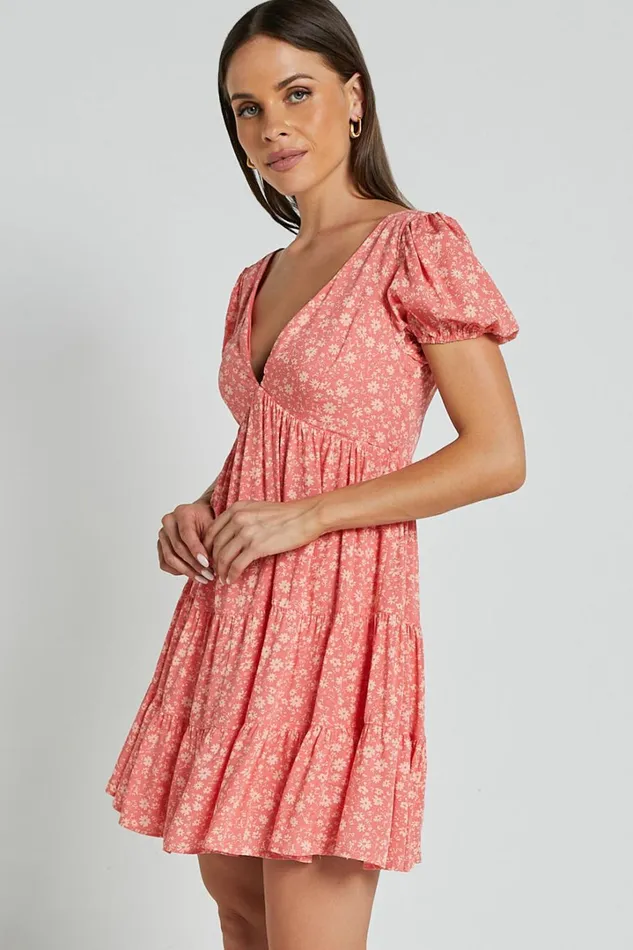 Isla Mini Dress 8211 V Neck Tiered Dress In Coral Floral Women Showpo Dresses