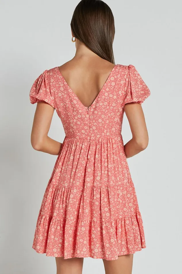 Isla Mini Dress 8211 V Neck Tiered Dress In Coral Floral Women Showpo Dresses