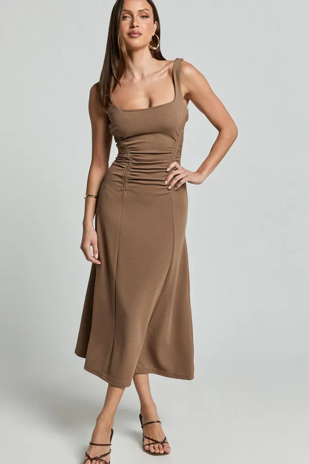 Jacel Midi Dress 8211 Ruched Fit And Flare Dress In Mocha Women Showpo Dresses