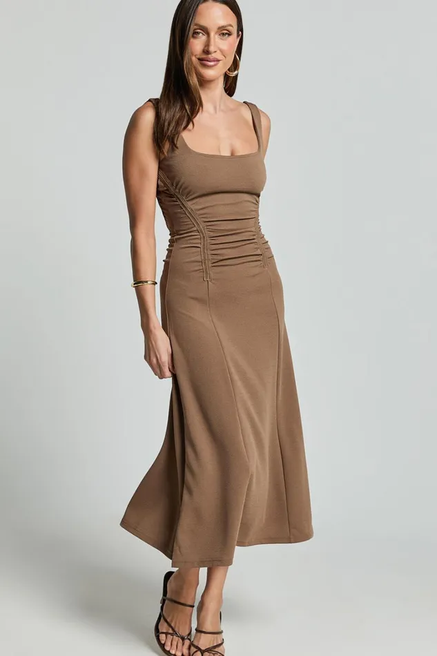 Jacel Midi Dress 8211 Ruched Fit And Flare Dress In Mocha Women Showpo Dresses