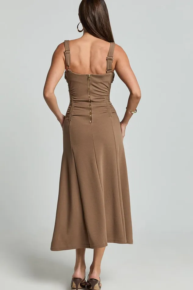 Jacel Midi Dress 8211 Ruched Fit And Flare Dress In Mocha Women Showpo Dresses